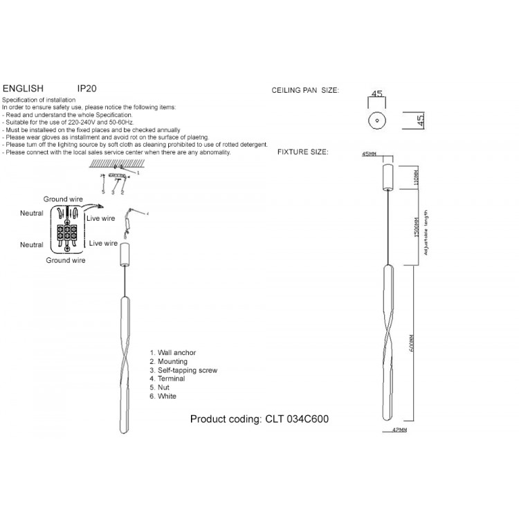 Светильник подвесной Crystal Lux CLT 034C600 WH