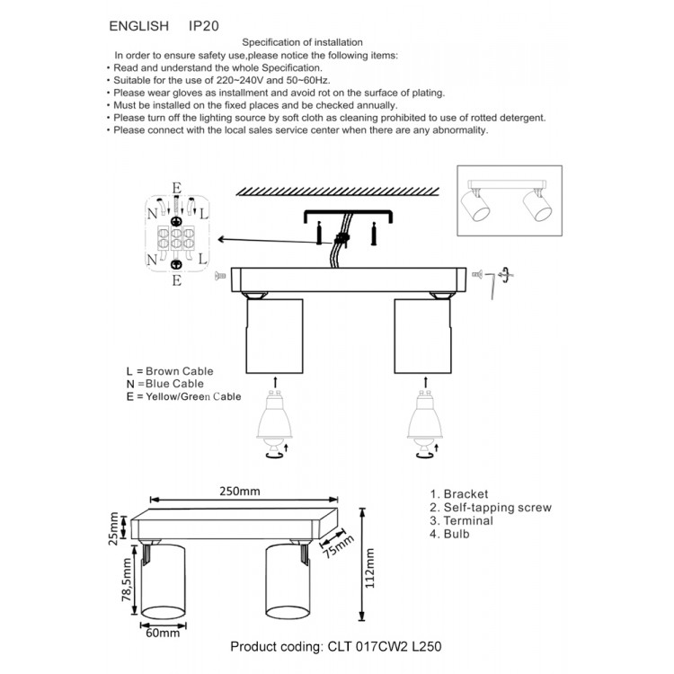 Светильник потолочный Crystal Lux CLT 017CW2 L250 BL-GO