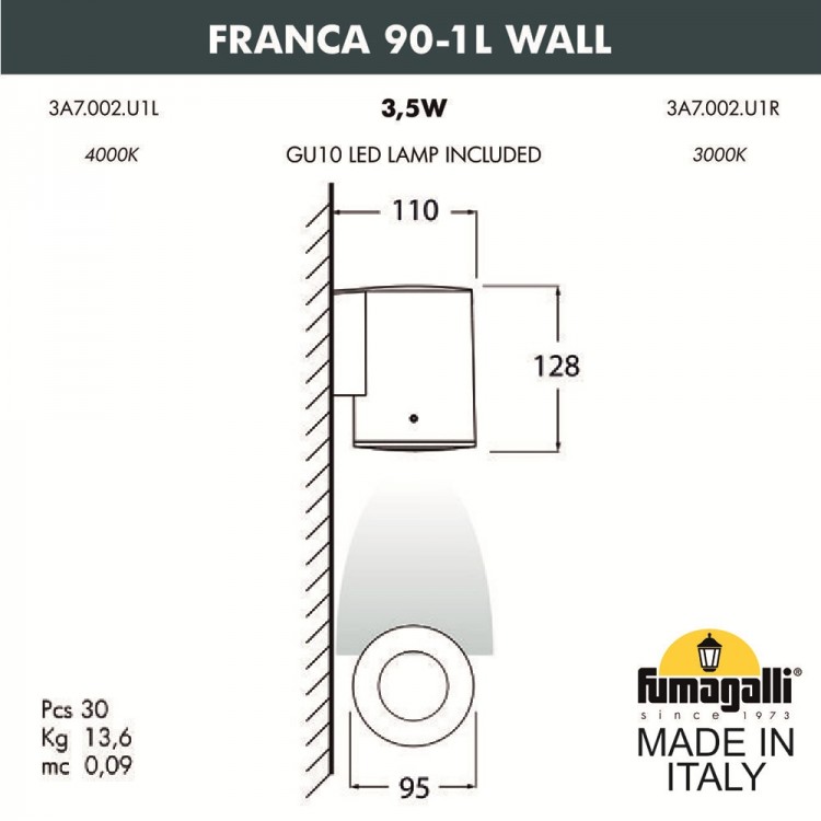 Светильник уличный настенный FUMAGALLI FRANCA 90-1L WALL  3A7.002.000.AXU1L