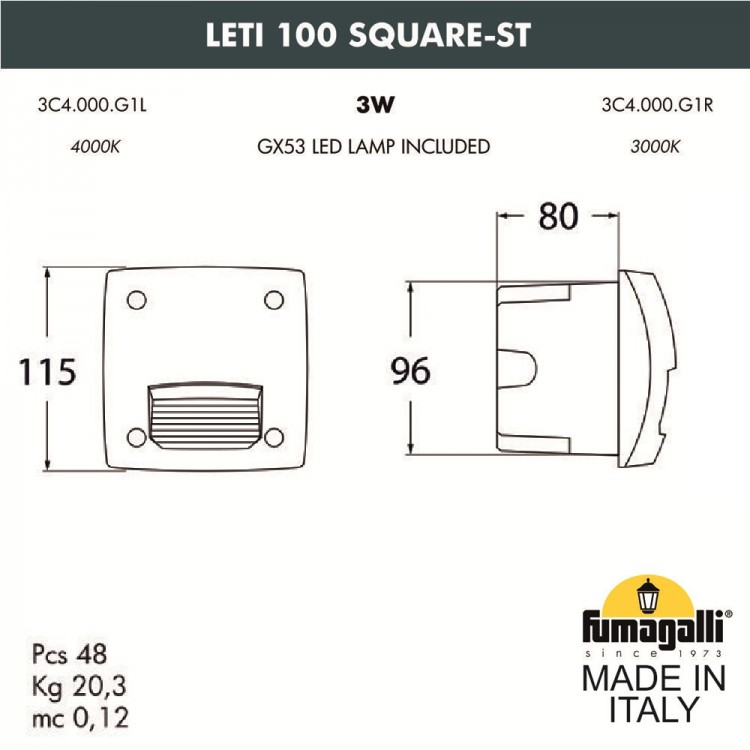 Светильник для подсветки лестниц встраиваемый FUMAGALLI LETI 100 Square-ST 3C4.000.000.AYG1L