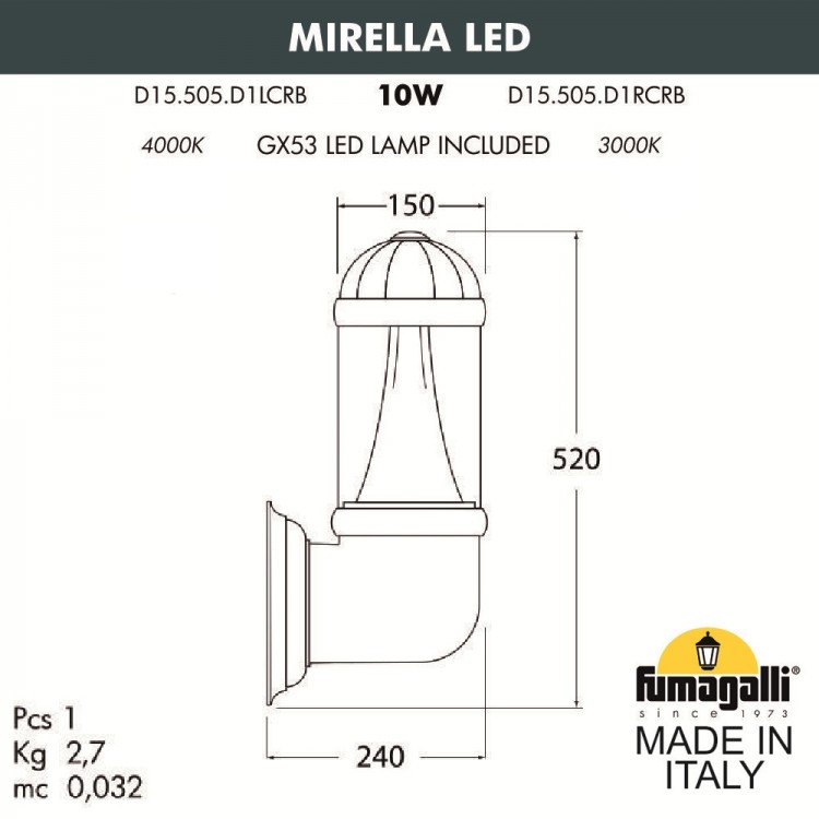 Светильник уличный настенный FUMAGALLI MIRELLA  D15.505.000.VXD1L.CRB