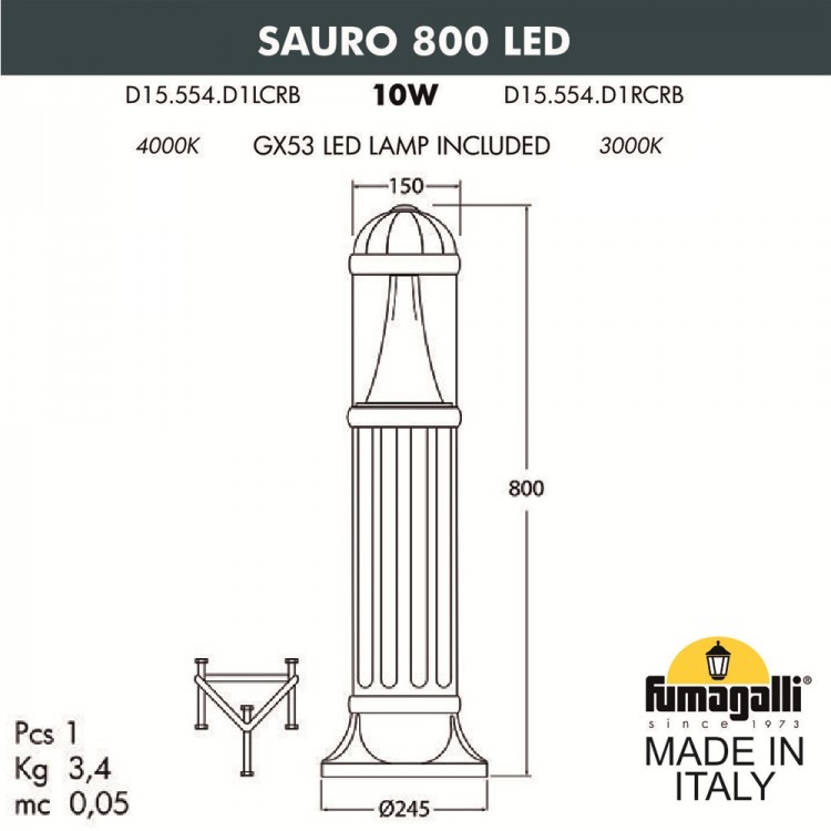 Садовый светильник-столбик FUMAGALLI SAURO 800  D15.554.000.BXD1L.CRB