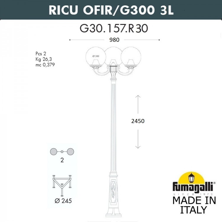 Садово-парковый фонарь FUMAGALLI RICU OFIR/G300 3L G30.157.R30.AYF1R