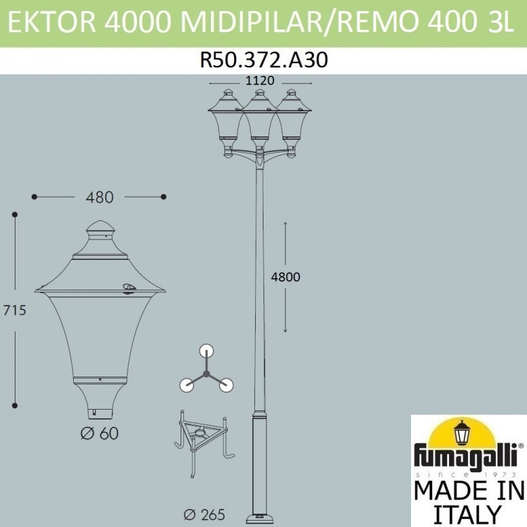 Парковый фонарь  FUMAGALLI EKTOR 4000/MIDIPILAR/REMO 3L R50.372.A30.AXE27