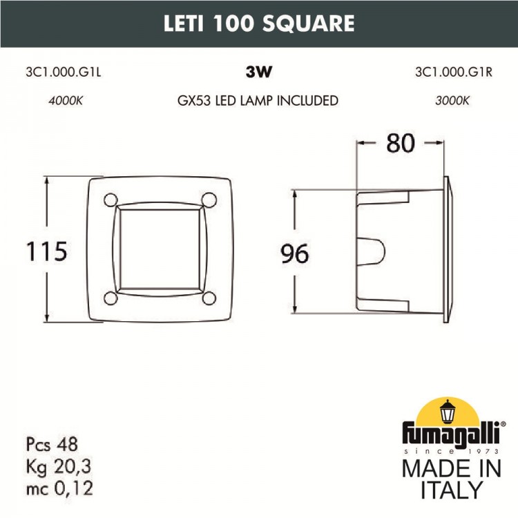 Светильник для подсветки лестниц встраиваемый FUMAGALLI LETI 100 Square 3C1.000.000.AYG1L