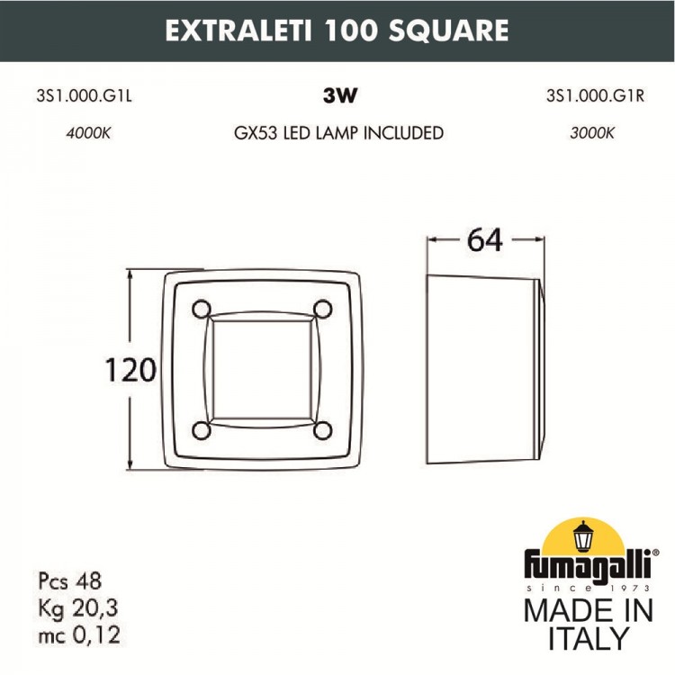 Светильник для подсветки лестниц накладной FUMAGALLI EXTRALETI 100 Square 3S1.000.000.AYG1L