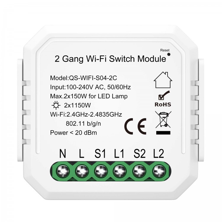 ST9000.500.02C WIFI реле 2 канала, 2х5A Белый - -*Max 2x1150W / 2x150W - Ra  IP20 L46xW46xH18 100-240V AROUND