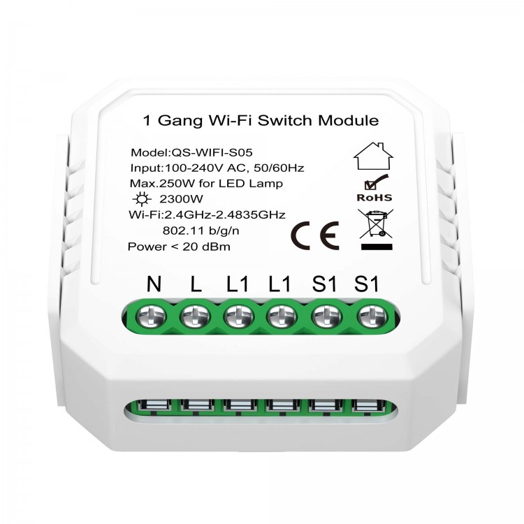 ST9000.500.01C WIFI реле 1 канал, 10A Белый - -*Max 2300W/250W - Ra  IP20 L46xW46xH18 100-240V ST9000